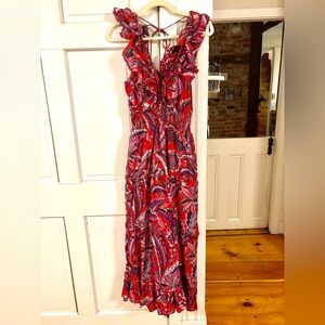 Caroline Constas Floral Ruffle Dress, smocked, flutter sleeve, pockets, cotton S